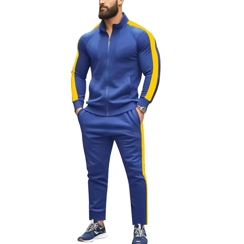 2025 Spring Autumn Men's 2-Piece Set Color Blocking Zipper Stand Collar Casual Sports Jacket Sweatshirt Trousers Suit