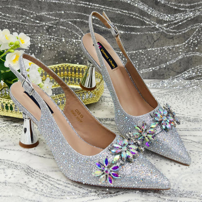 Pointed Toe High Heels Shoes and Bags Set With Rhinestone for Women Wedding Party Elegant Luxury Fashion in Sky Blue