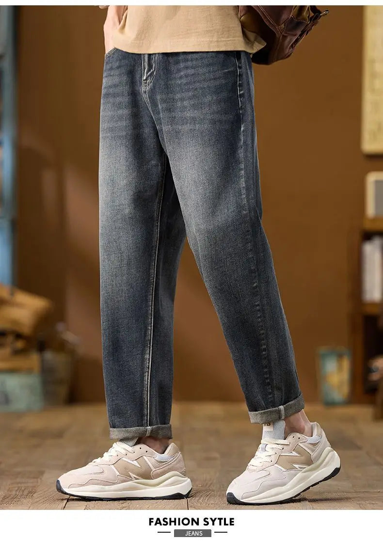 Jeans Denim Straight Pants Men Washed Distressed Mid Waist Pockets 2025 Streetwear Basics Ankle Length Trousers Vintage Denims