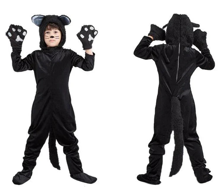 Black Cat Cosplay Children's Costume Cute Kitten Animal Onesie + Gloves + Hat Suit Suitable for Stage Show Halloween Party