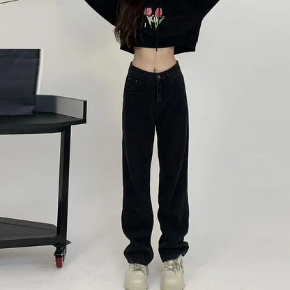 Fashionable Casual Straight Leg Women's Pure Black Jeans High Waisted Slim Fit Wide Leg Pants 2024 New Jeans