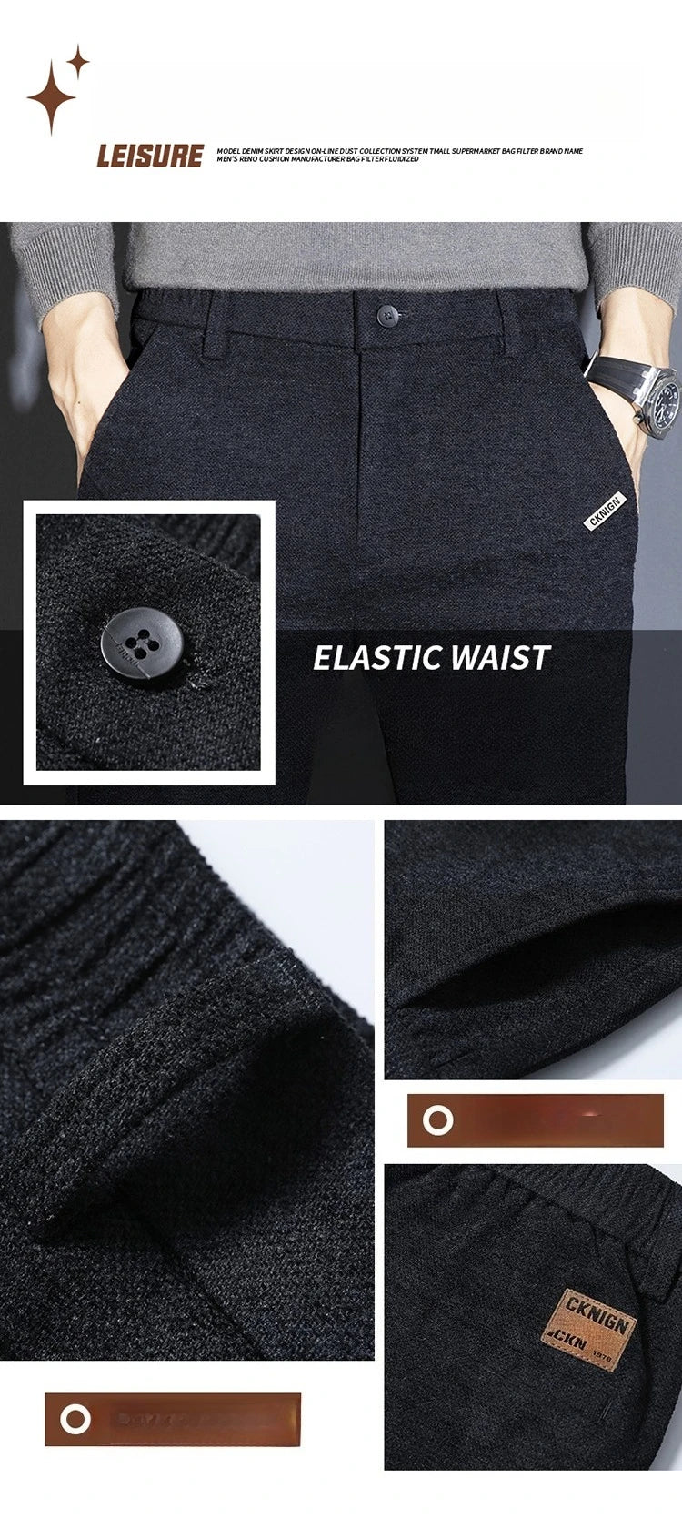 Men's Solid Straight Casual Pants Autumn Woolen Slim Fit Office Pants Vintage Elastic Waist Youth Trousers Everyday Wear