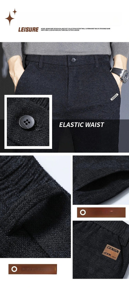 Men's Solid Straight Casual Pants Autumn Woolen Slim Fit Office Pants Vintage Elastic Waist Youth Trousers Everyday Wear