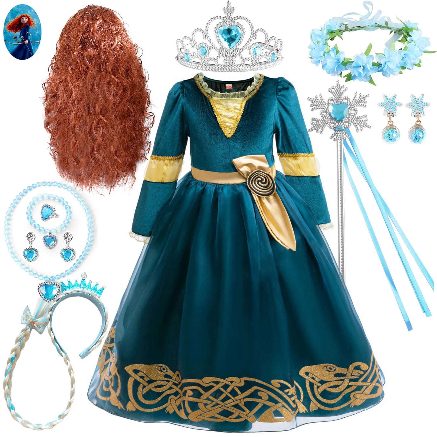 Girl Cosplay Brave the Heart Princess Merida Long Sleeves Dress Belt Set Holiday Party Carnival Party Stage Outfits Dress