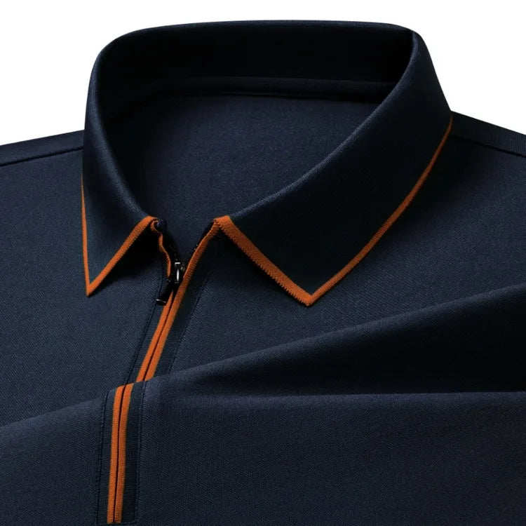 Men's Silk Zipper Polo Shirt Short Sleeve Mulberry T-Shirt Metal Zipper, Stand Collar Luxury Casual Summer Top Cotton&Linen Tee
