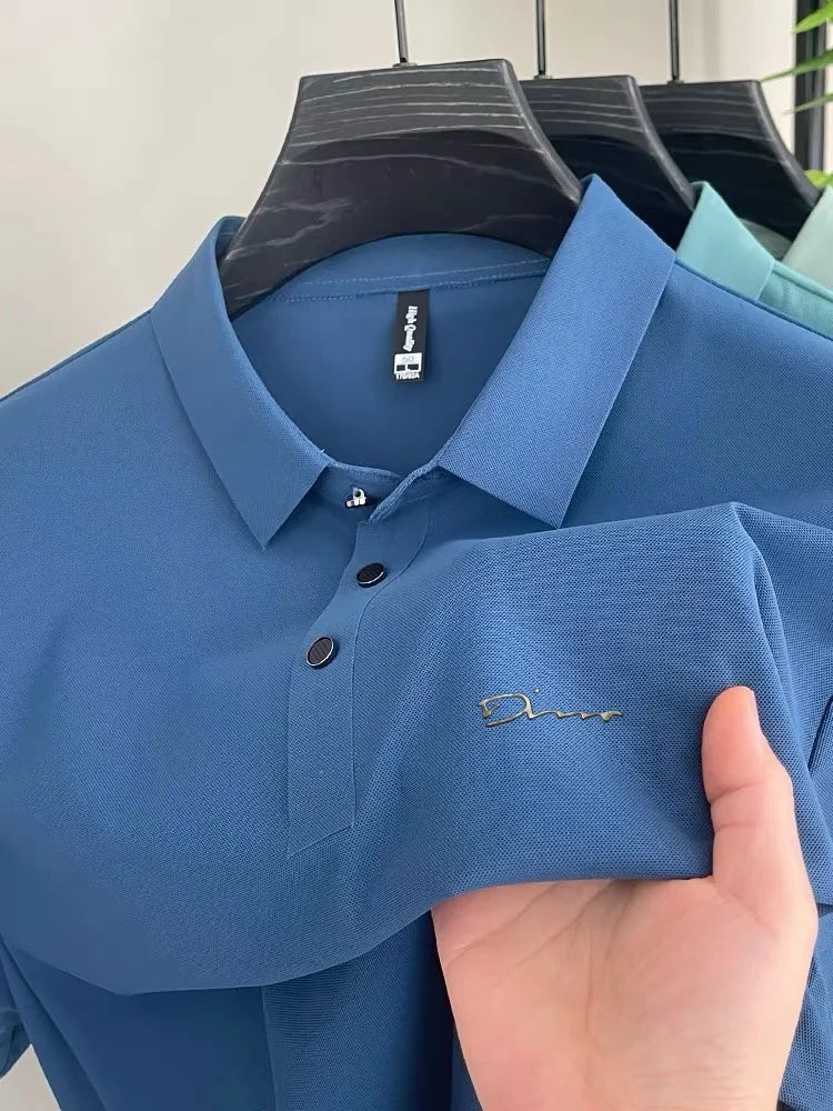 Summer new high-quality ice silk fabric comfortable polo shirt fashionable high-end mens exquisite badge breathable short sleeve