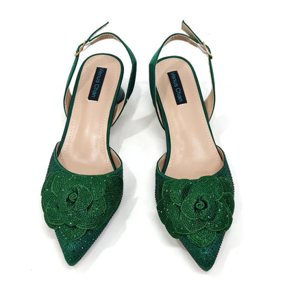 Evening Shoes and Bags Set with Full Diamond Handmade Petal Clutches Pointed Toe Peach Color Mid-Heel Women Shoes
