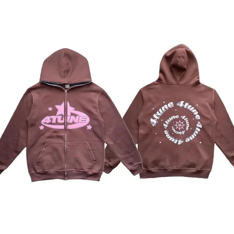 Moletom Masculino com Zíper e Estampa de Estrelas, Manga Comprida, Jaqueta Solta, Casaco Retrô, Harajuku Casual Gótico com Capuz Y2K Streetwear
