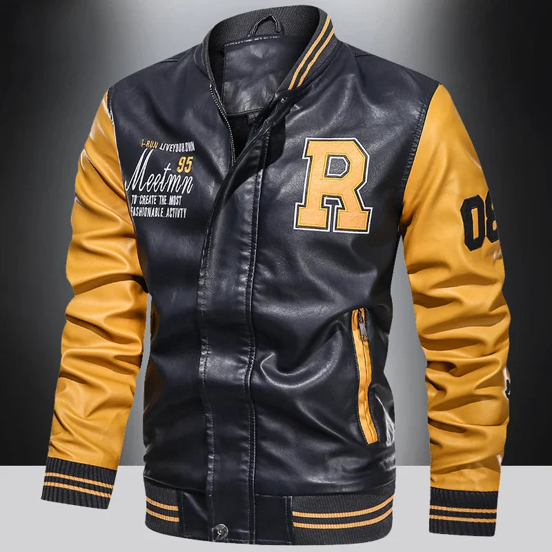 Spring and Autumn Men's Motorcycle Suit Leather jacket Color blocking American baseball collar pilot casual PU leather jacket