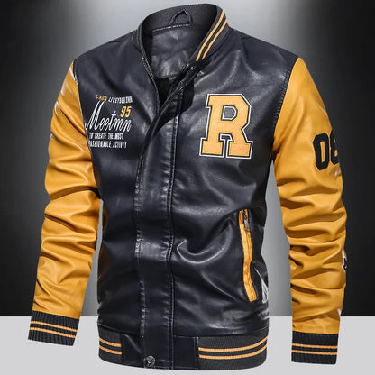 Spring and Autumn Men's Motorcycle Suit Leather jacket Color blocking American baseball collar pilot casual PU leather jacket