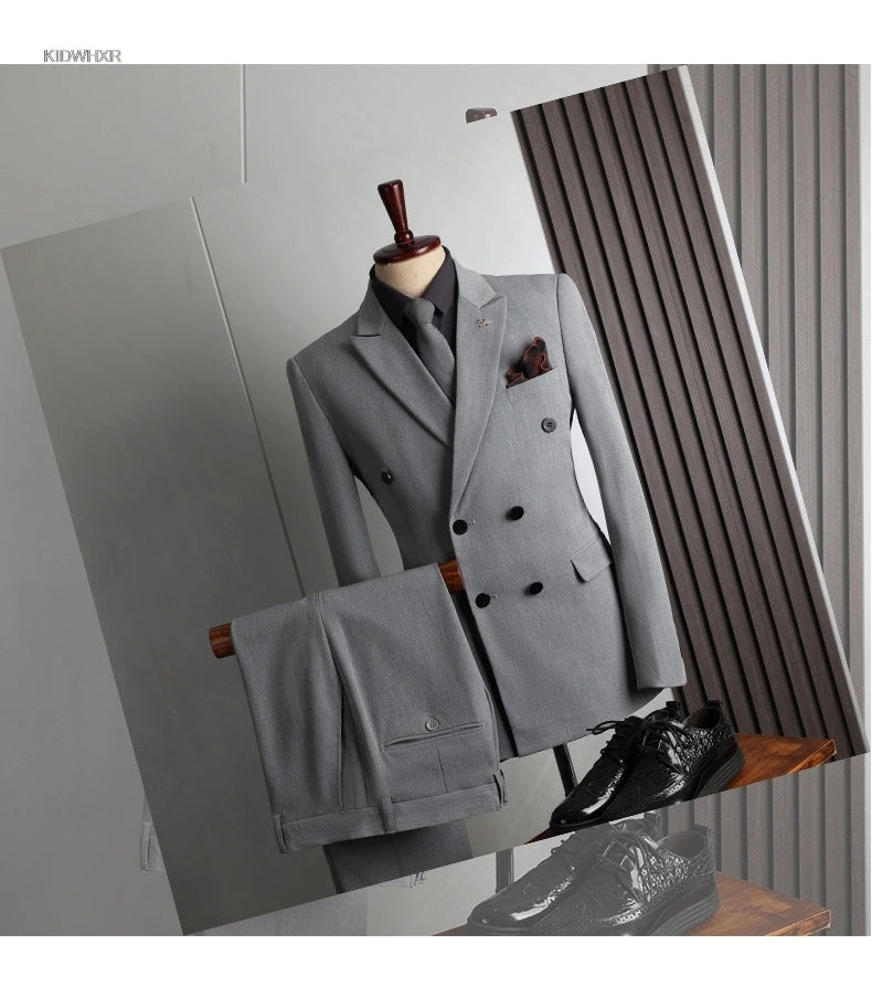 Man Suit Outfit Double-breasted Blazer Men V-neck Vest Straight-leg Pant Male Slim Business Wedding Three-piece Set