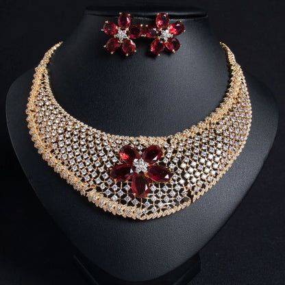 Cubic Zirconia Inlaid Hollow Leaf Flower Pendant Earrings and Necklace Jewelry Set