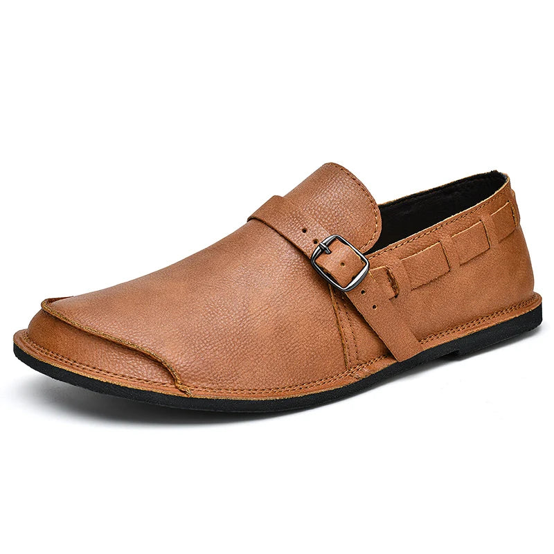 Sapatos Masculinos de Couro com Bico Largo e Sem Cadarço, Flats Casuais Minimalistas Antiderrapantes Primavera Verão Outono