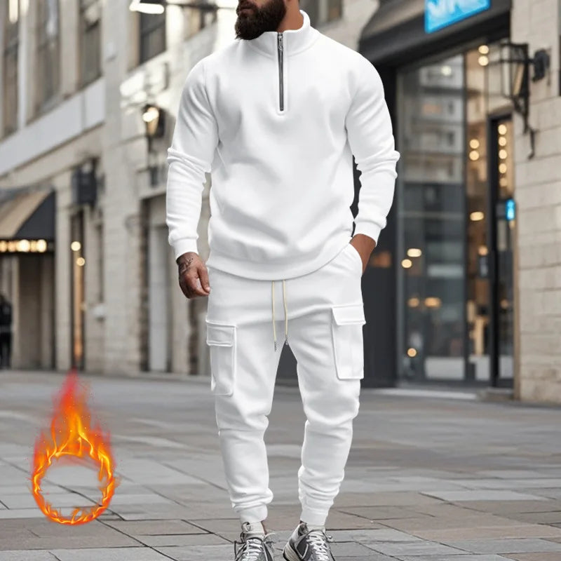 2024 autumn and winter men's casual velvet warm zipper sports trousers set