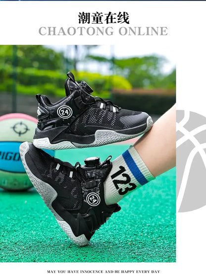 Boys Girls Quick Twist Lace Basketball Shoes Wear Resistant Comfortable Outdoor Athletic Footwear