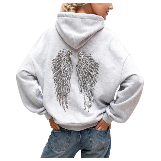 Glitter Angel Wings Printed Hoodies Women Streetwear Loose Long Sleeve White Pullover Fashion Y2k Harajuku Casual Sweatshirts