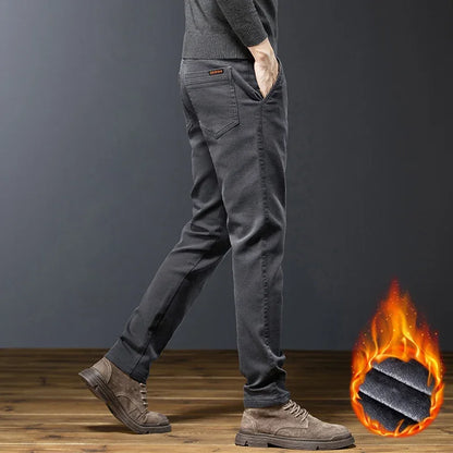 Classic Men's Fleece Slim Pants Winter Casual Velvet Business Straight Solid Thick Plush Trousers Brand Clothing Man Pants
