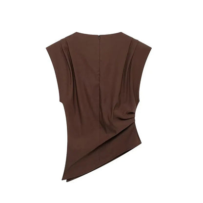 Women Fashion With Pad Solid Pleated Back Zipper Tank Tops Vintage O-Neck Sleeveless Female Chic Lady Tops