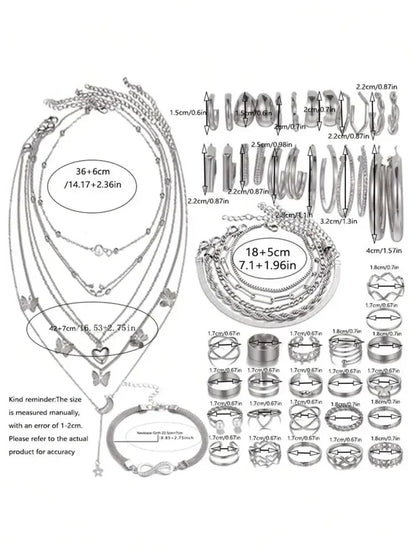 New 57 Pcs/Set Fashion Jewelry Sets For Women Metal Wide Face Earrings Necklaces Bracelets Ankles Rings Combinations Set Jewelry