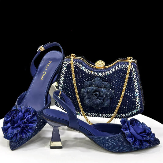 Elegant Shiny Dark blue Handbag and Medium Heel Shoes Set with Beautiful Handmade Flowers for Weddings and Parties