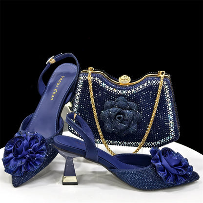 Shiny Fuchsia Color Shoes and Bag Elegant Handbags and Medium Heel Shoes Beautiful Handmade Flowers For Wedding Party