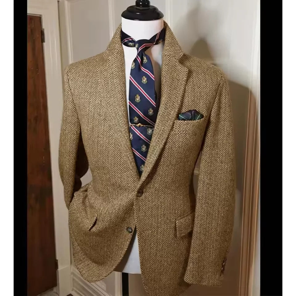 Men's Herringbone Tweed Blazer Vintage British Slim Fit Suit Jacket Wool Blend Formal Coat with Pocket Square Wedding Casual