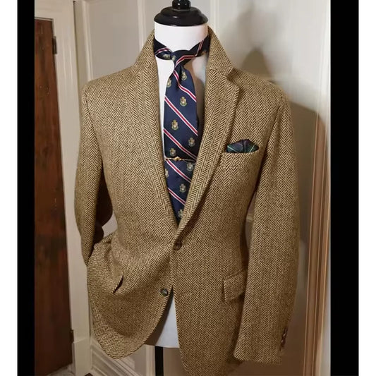 Men's Herringbone Tweed Blazer Vintage British Slim Fit Suit Jacket Wool Blend Formal Coat with Pocket Square Wedding Casual