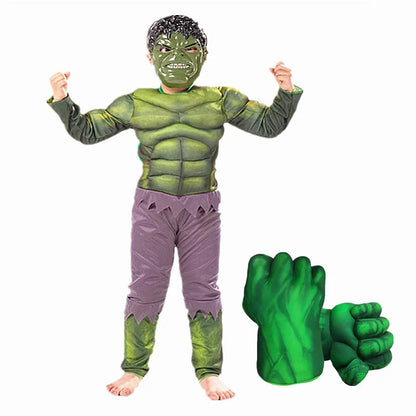 3-12Y Kids Superhero Costume Hulk Jumpsuit Halloween Mask Party with Gloves Cosplay Suit for Boys Girls Holiday Celebration