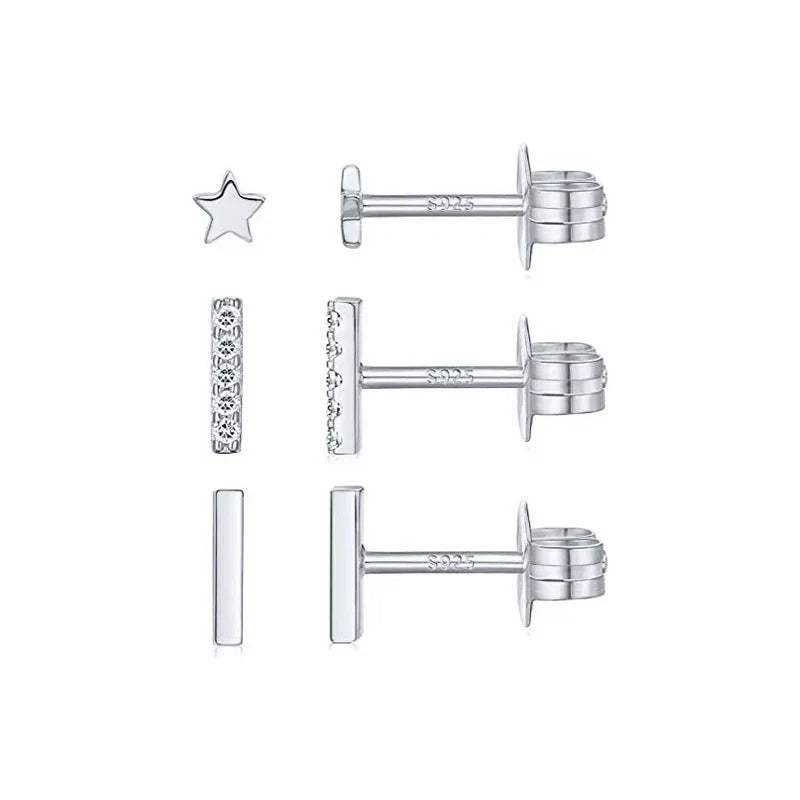 3pcs/set Bling Zircon Earring 925 Sterling Silver Cute Mini Heart Star Stud Earrings Ear Bone Earlobe Piercing Jewerly