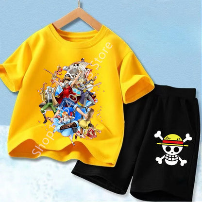 Summer Short Sleeve Clothes Set Anime Boy Girl T Shirt Shorts 2pcs One Piece Kids Outfit Chopper Luffy Tracksuit Suit Children