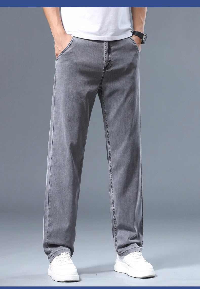 Summer Thin Men's Loose Straight Jeans Lyocell Soft Drape Business Casual Trousers Classic Smoke Gray Brand Ice Silk Pants