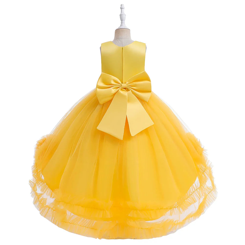 Elegant Trailing Flower Party Girls Dress Summer Wedding Bridesmaid Princess Prom Dress Girl Tull Bow Birthday Evening Ball Gown