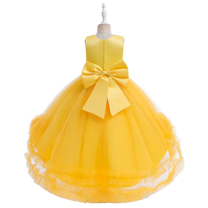Elegant Trailing Flower Party Girls Dress Summer Wedding Bridesmaid Princess Prom Dress Girl Tull Bow Birthday Evening Ball Gown