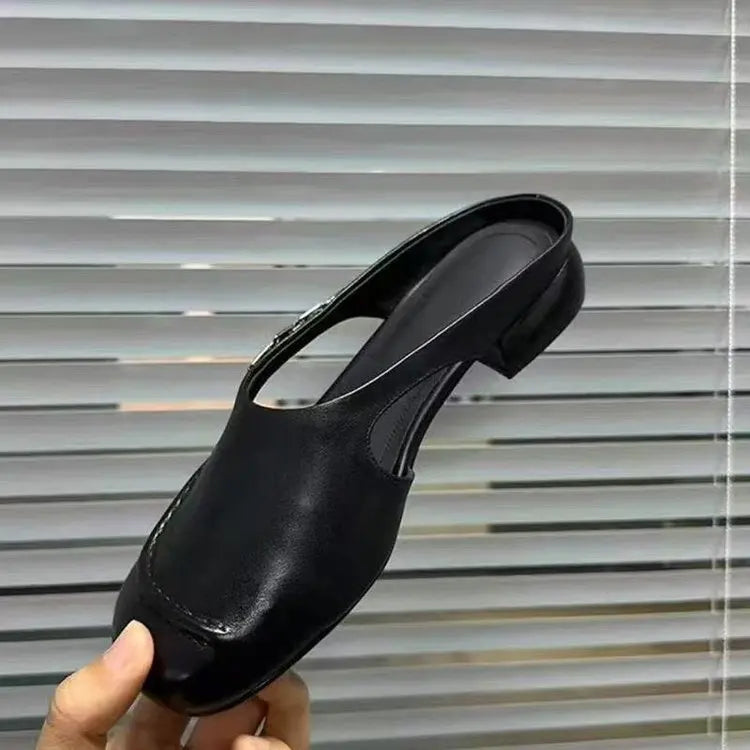 Women's Stylish Genuine Leather Mule Loafers with Metal Buckle Low Heel Slip On Flats Casual Driving Shoes