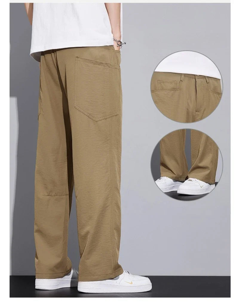 2026 Summer Thin Men's Loose Pants with Large Pockets Work Style Casual Straight Solid Color Male Simple Baggy Pants
