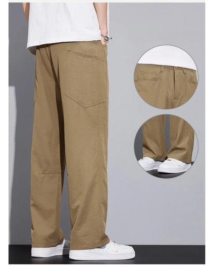 2026 Summer Thin Men's Loose Pants with Large Pockets Work Style Casual Straight Solid Color Male Simple Baggy Pants