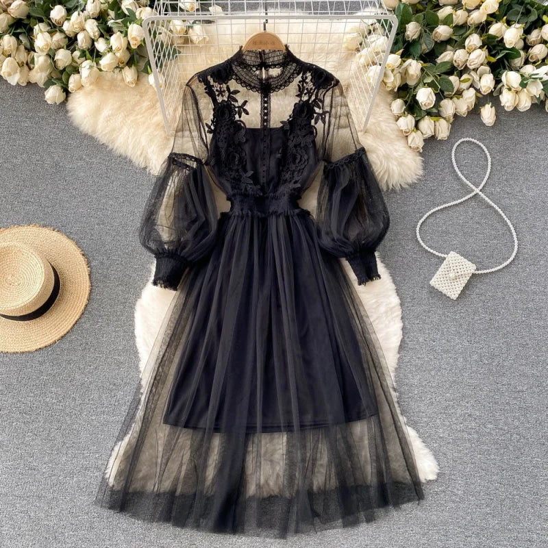 New Lace Flower Mesh Dress Summer Lantern Sleeve White Long Dresses For Women Party Vintage Elegant Dress 2 Piece Sets 12041