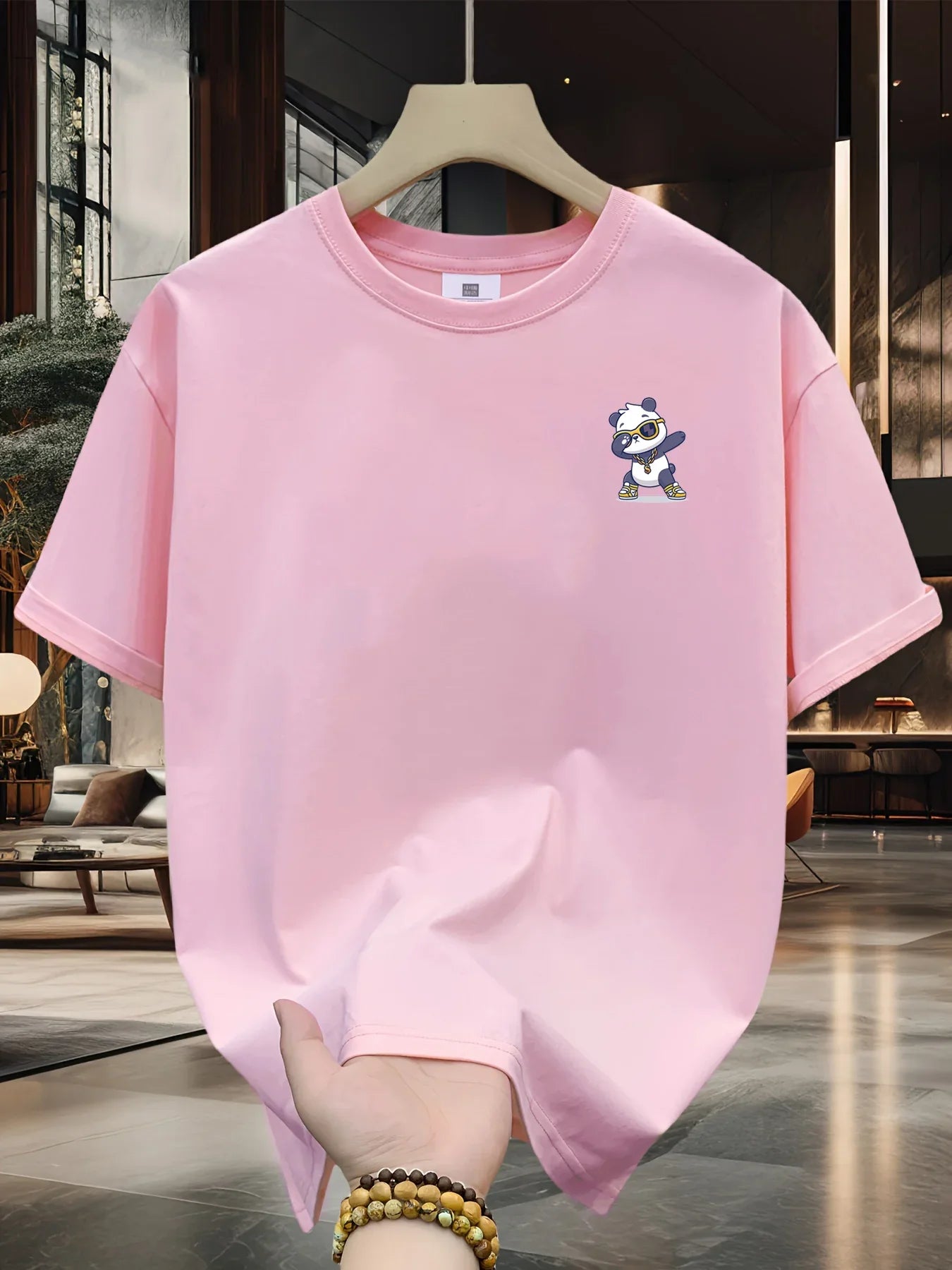 Men's Summer 100% Cotton Cartoon Bear Graphic Printed Fashion Sports and Leisure Loose Round Neck Short Sleeve T-shirt Top