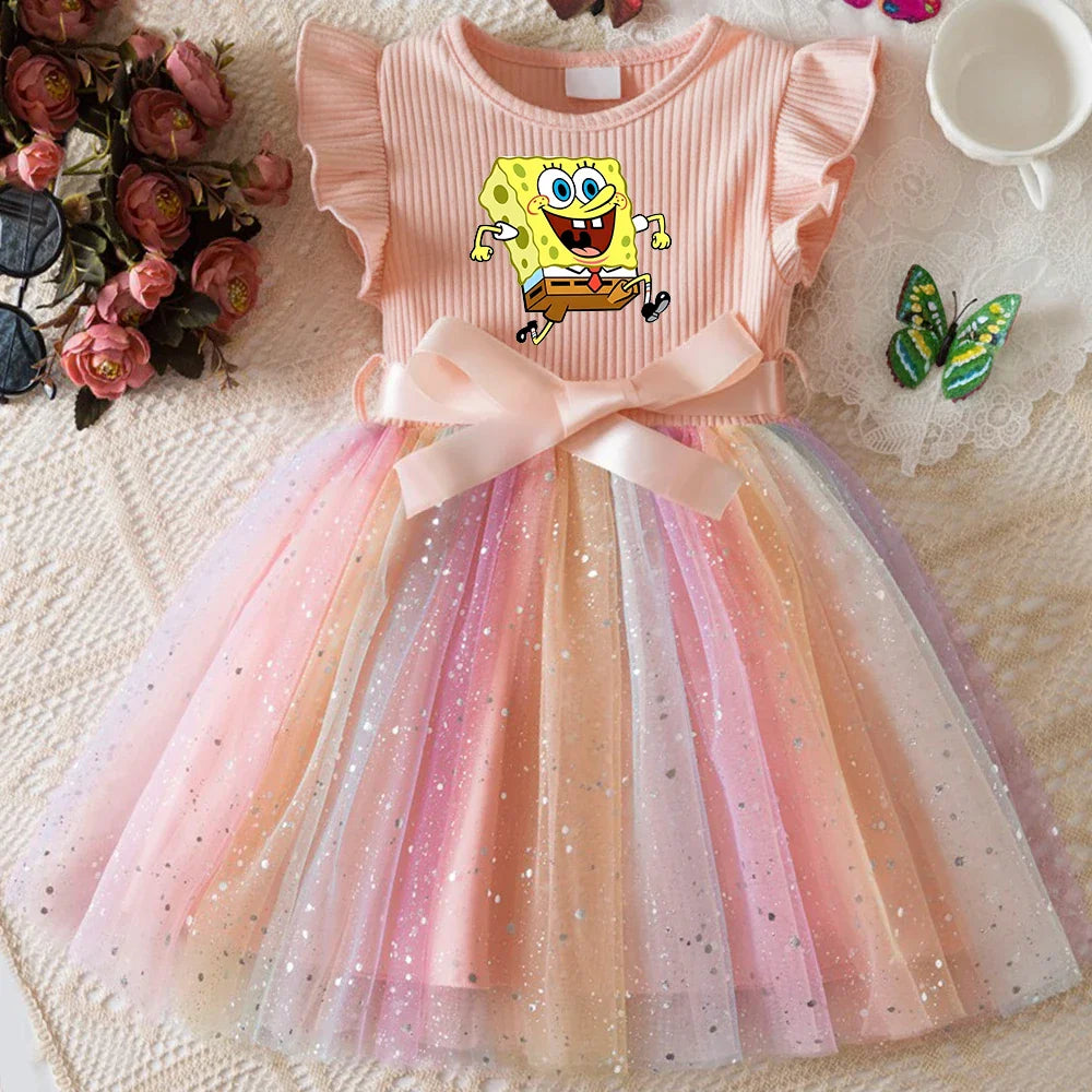 Sweet Girls Flying Sleeves Bow Sequin Dress Kids Baby Girl Birthday Party Fluffy Tutu Princess Dress 1-5Y
