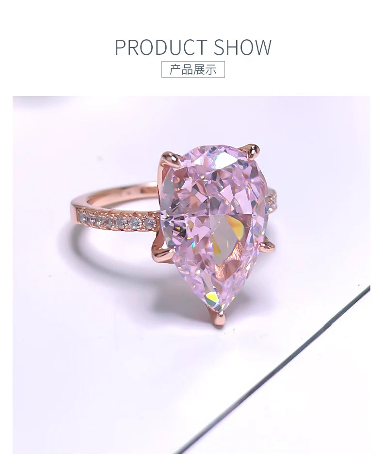 Fashionable, niche, high-end,versatile 925 sterling silver droplet pink diamond ring inlaid with high carbon diamond temperament