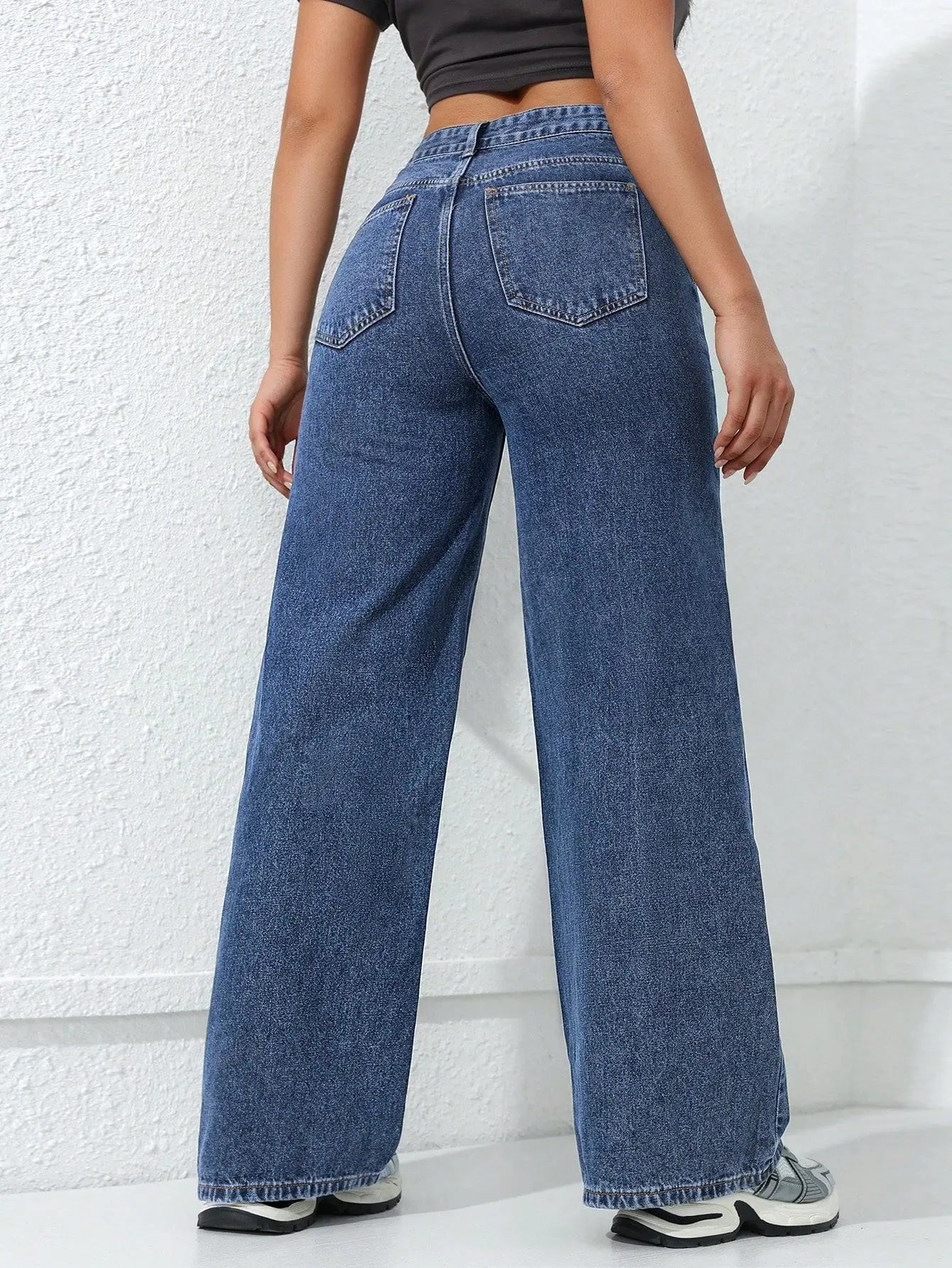 Women Solid Straight Wash High Elastic Waist Denim Pants