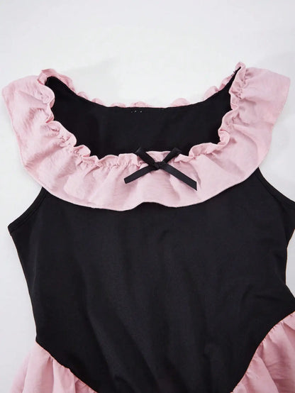 Girls' fashionable and elegant summer dress with outdoor casual square collar design paired with ruffled edge dress