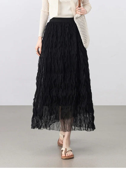 Sweet Style Mesh Skirt Women 2026 A-line Holiday Vacation High Waist Ruffles Long Skirt Woman Clothing W52Q80351