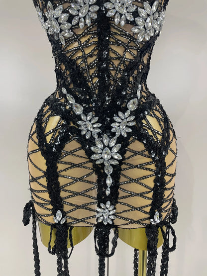 Sparkle Sequins Embroider Sparking Diamonds Long Tassel Sleeveless Mini Dress Women Red Carpet Goddess Stage Performance Costume