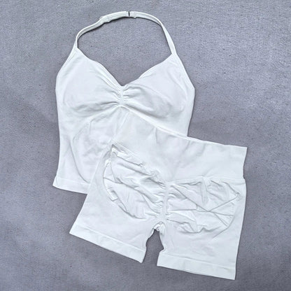 New Seamless Yoga Set Women 2Pcs Padded Halter Tank Top Scrunch Butt Lifting Gym Shorts Set Summer Sportswear Workout Clothes