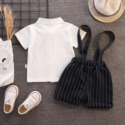 Gentleman Baby Boss Suit White Polo Shirt Stripe Straps Shorts Set 1st Birthday Outfit for Baby Kids Boys Wedding Party Tuxedo
