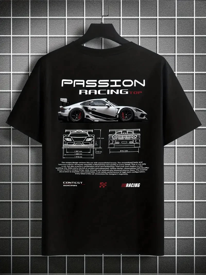 Men's summer 100% pure cotton fashionable casual sports loose racing graphic print round neck short sleeved T-shirt top
