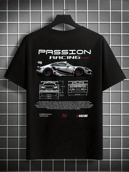 Men's summer 100% pure cotton fashionable casual sports loose racing graphic print round neck short sleeved T-shirt top