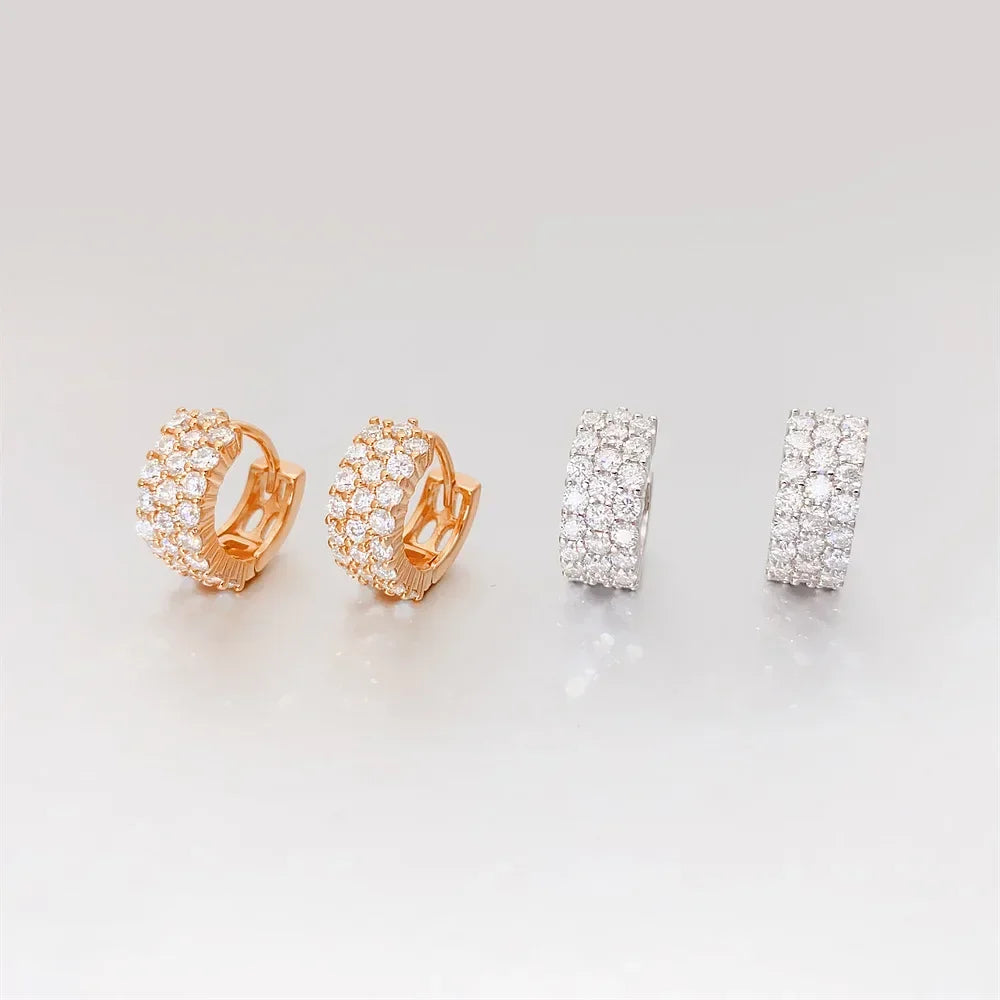 Sparkling Real 3-Row Full Moissanite Hoop Earrings for Women Fine Jewelry S925 Silver Diamond Small Ear Buckle Earring Gift