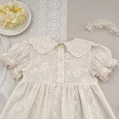 2026 Summer New Pure Cotton Embroidered Floral Short Sleeved Girl's Dress 2-6Yrs Versatile Adorable Korean Style Dress